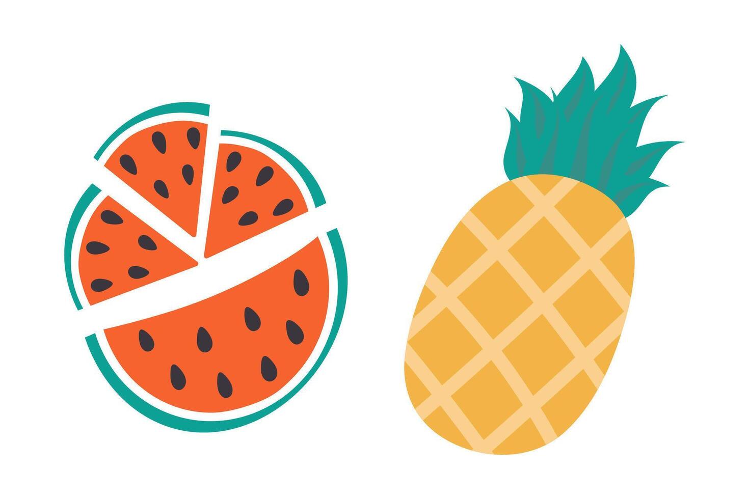 Various watermelon slices with seed and pineapple with leaves in trendy doodle minimalist Set 2 icon. Isolated illustration Thematic cards or web promo banners, leaflets, brochure, price, label vector