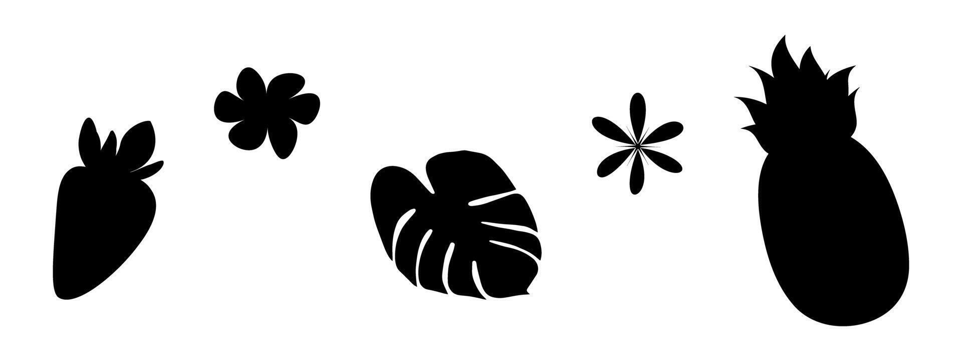 Strawberry, Monstera Leaf, pineapple and abstract flower Silhouettes Tropical fruits and plant Set 5. Isolated illustration Thematic cards, posters, prices, label or web promo banner, leaflets vector