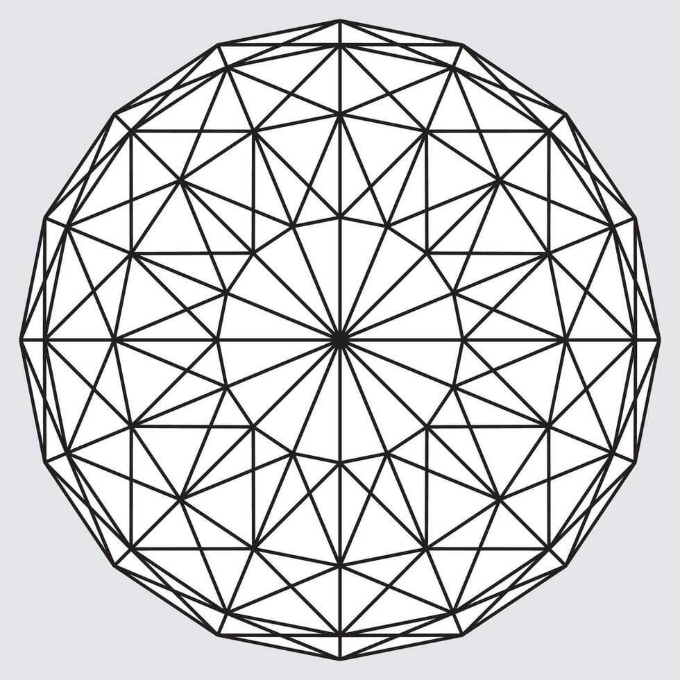 Rounded shape with triangles grid segments. Polygon mesh sphere, sacred geometry. Mandala circle ornament. Lattice of geometric shapes. Abstract figure. Platonic bodies. Pentagram sign vector