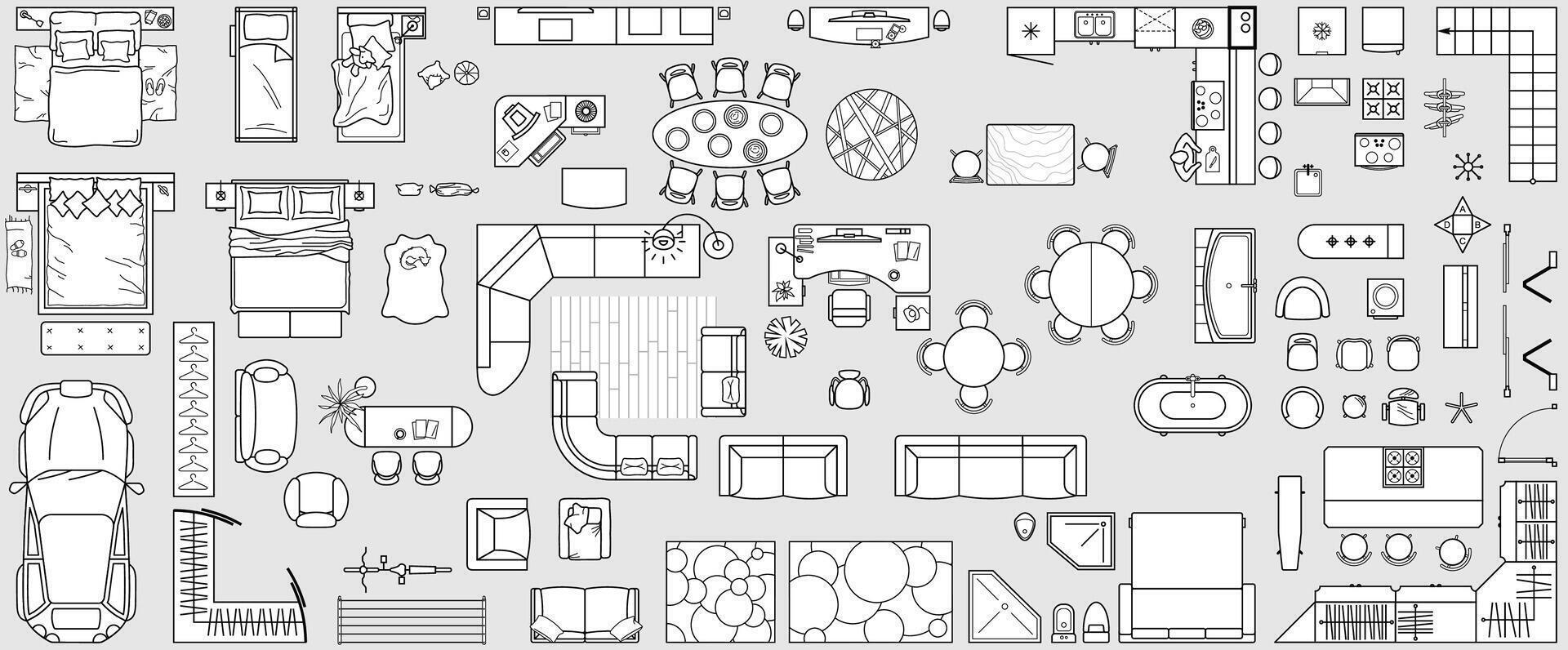 Set top view for interior icon design. Floor plan. Architecture plan with furniture in top view. The layout of the apartment, technical drawing kitchen, living room and bedroom vector