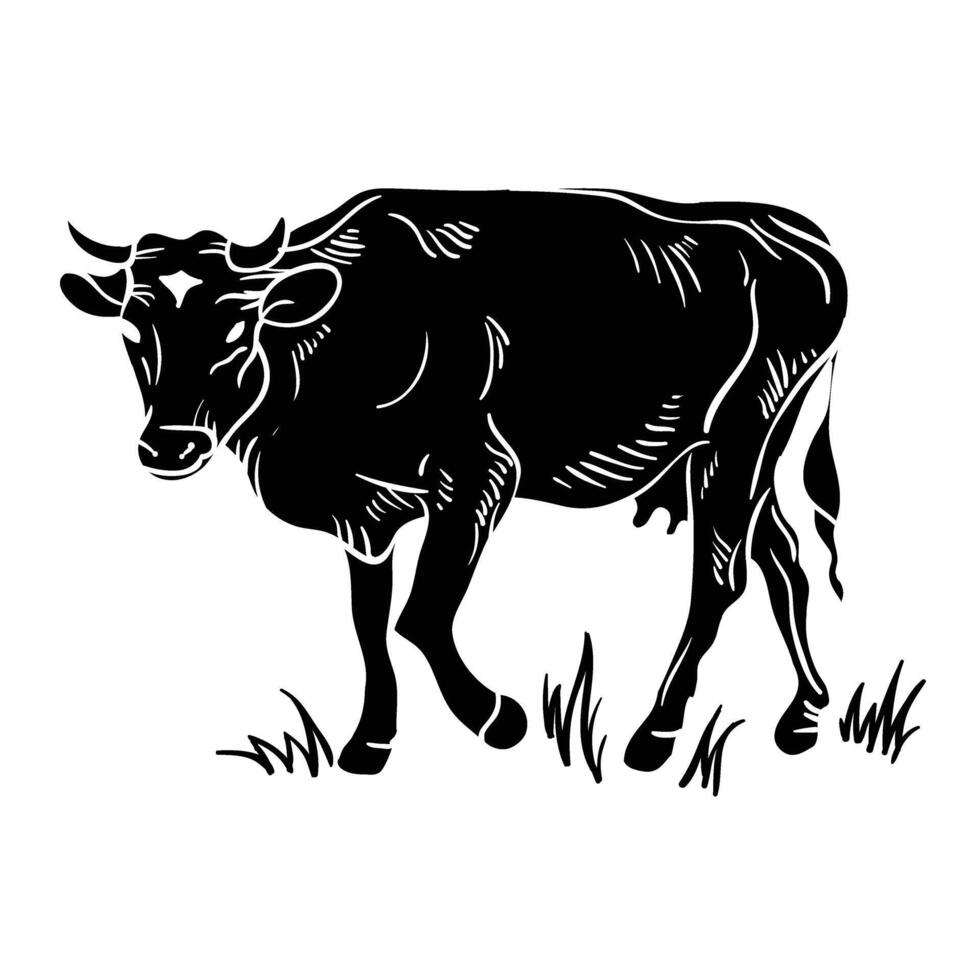 a black and white drawing of a cow vector