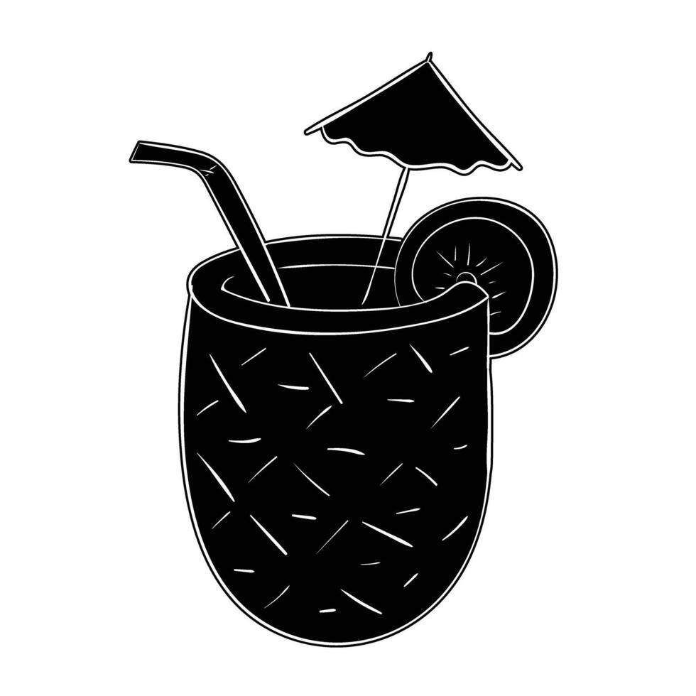 a black and white illustration of a cocktail with a straw and umbrella vector