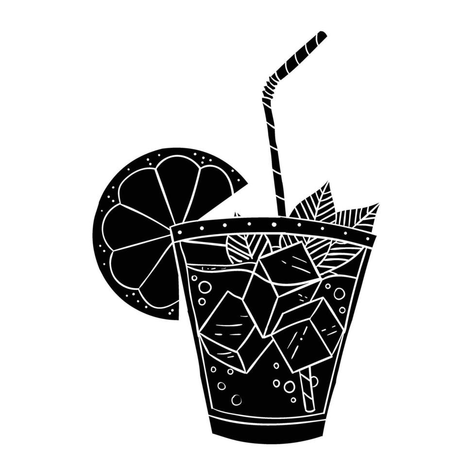 a black and white illustration of a cocktail with a slice of lemon vector