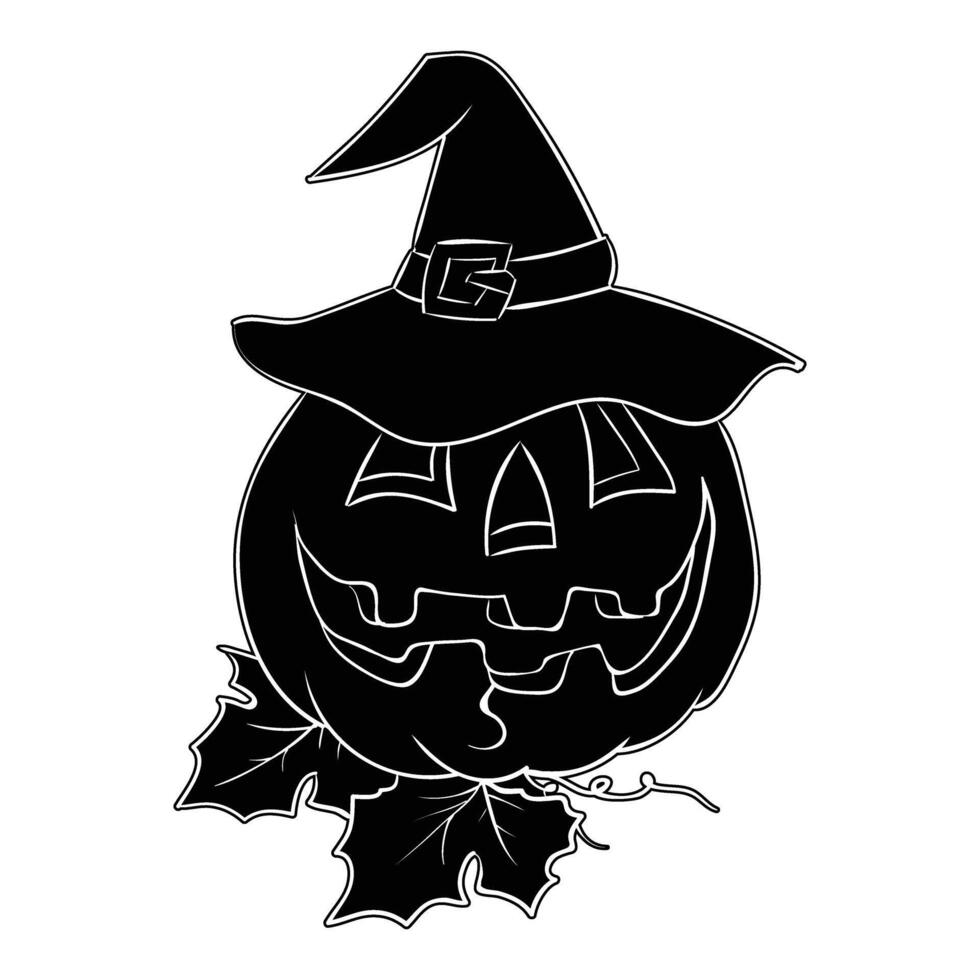 a black and white illustration of a witch hat on a pumpkin vector