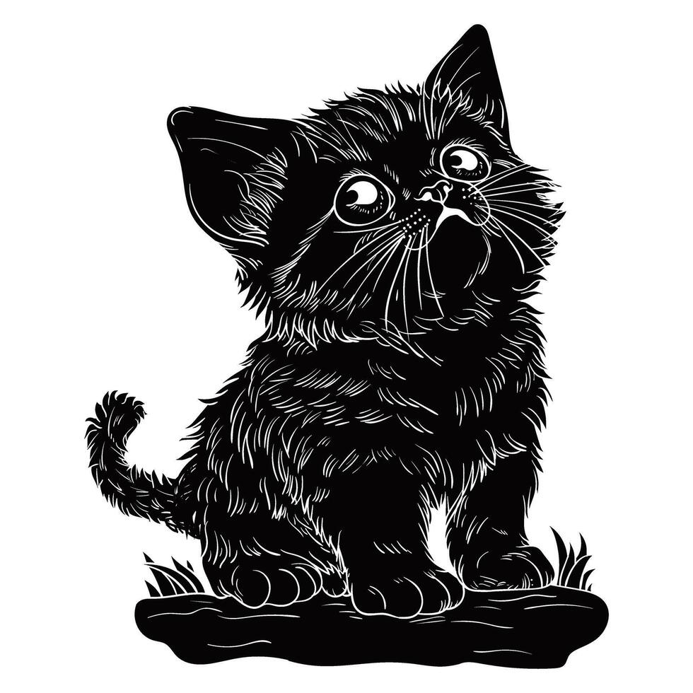 black and white illustration of a kitten vector