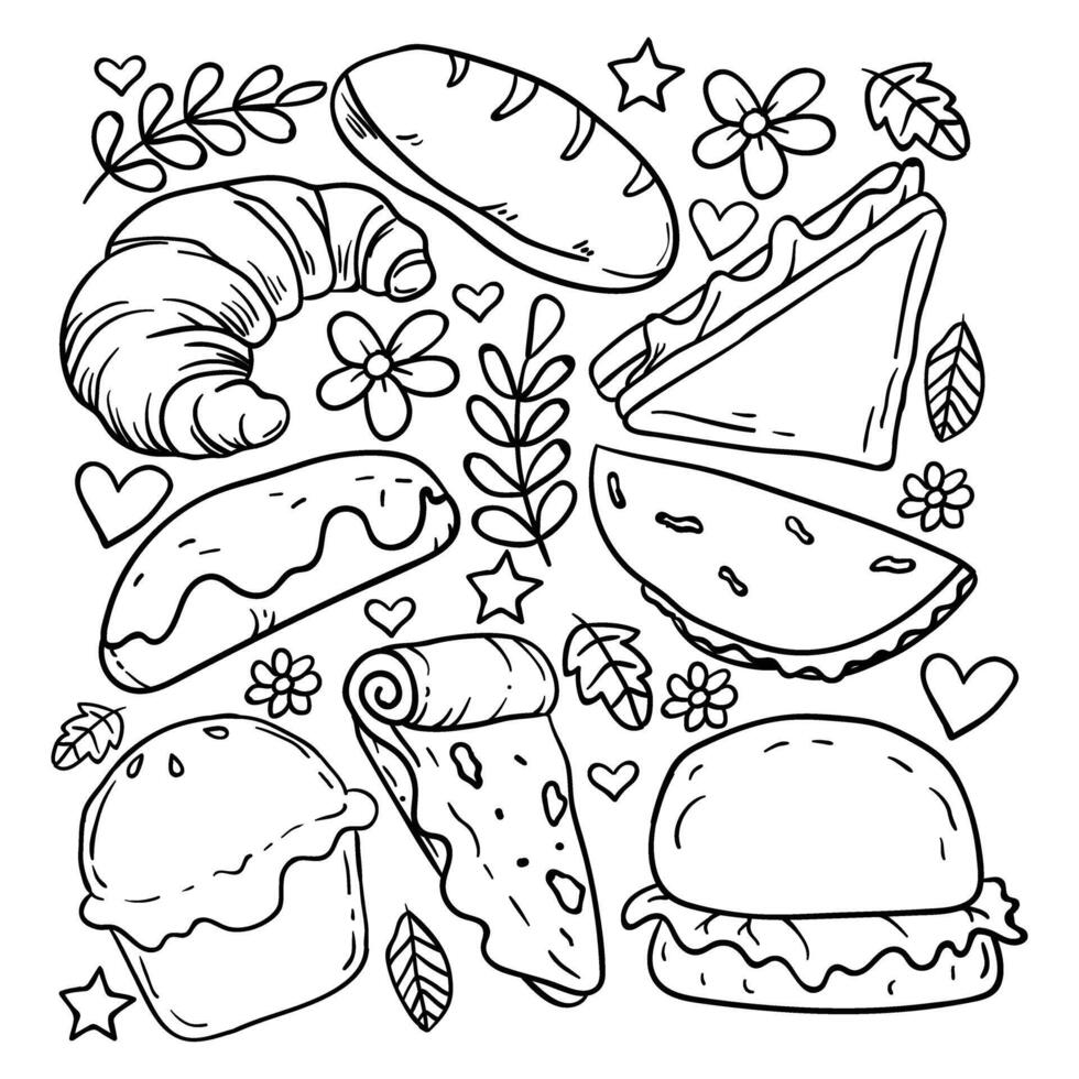 a coloring page with food items vector