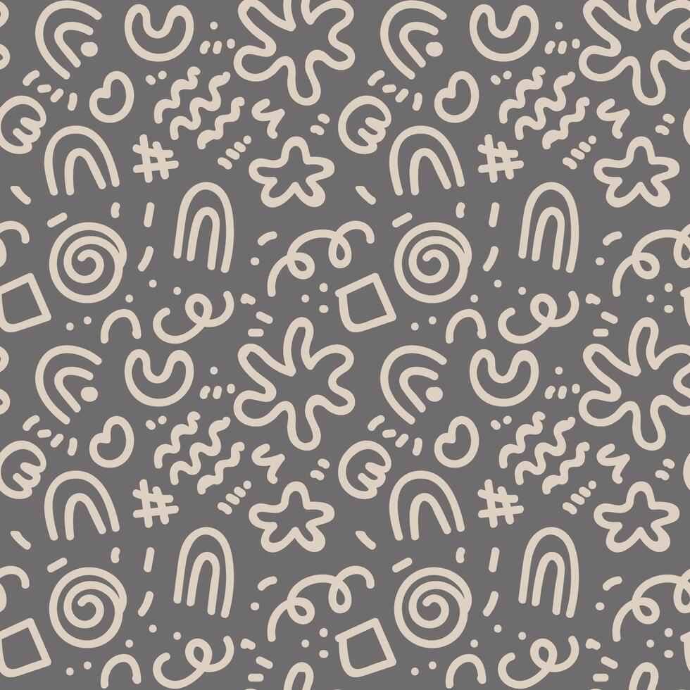Seamless abstract doodle pattern with beige hand-drawn shapes on a gray background, perfect for wallpapers, textiles, packaging, branding, and digital designs vector