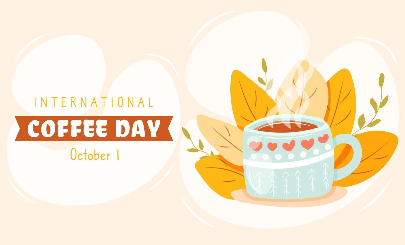 International Coffee day on October 1 with cozy coffee mug and fall leaves. Hand drawn flat cartoon style. Perfect for horizontal banner, poster, website, card, flyer and so on vector