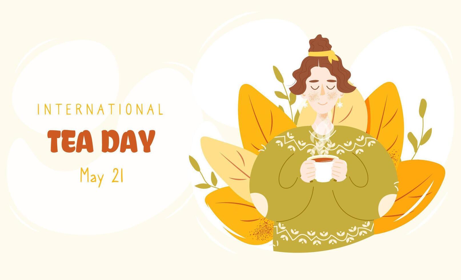 International Tea day illustration with smiling young girl holding cup of tea. Cozy flat cartoon style. Hand drawn. Perfect for horizontal banner, website, poster, card, flyer and so on vector