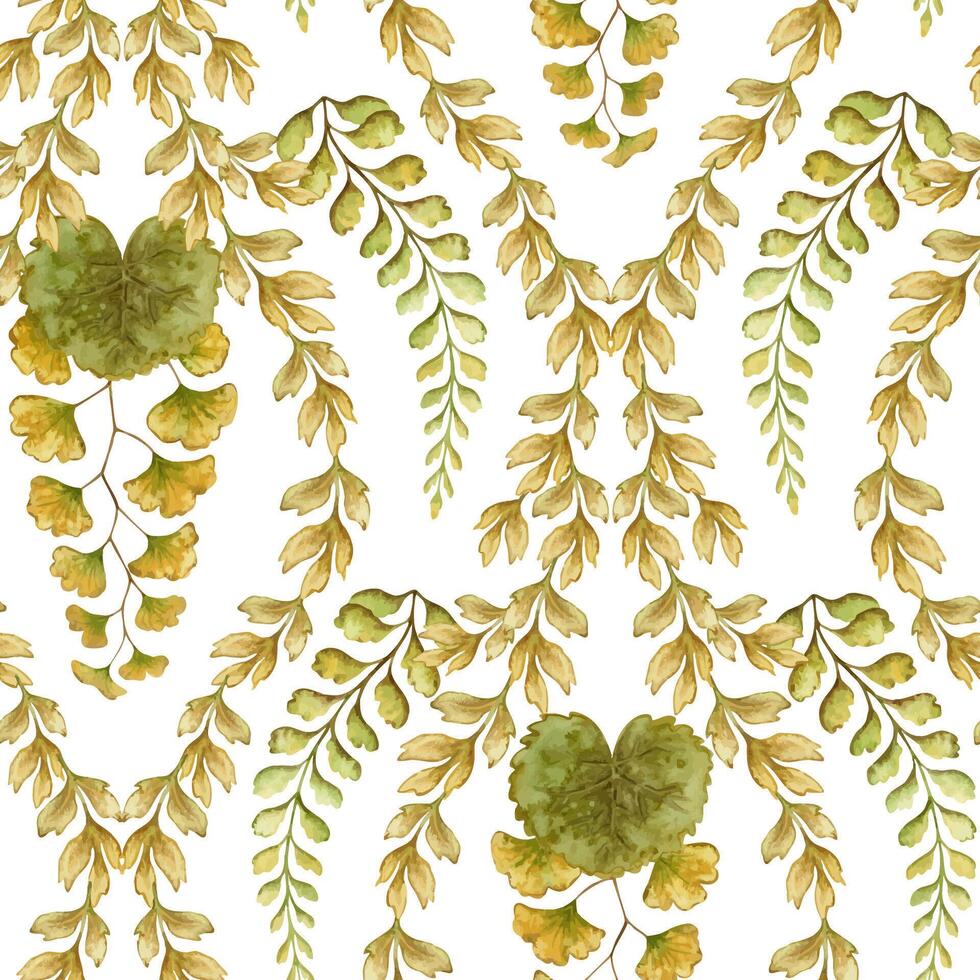 Fern leaves seamless pattern on white background. Hand drawn watercolor botanical surface with textured prehistoric foliage. Perfect for the use of ecological material and sustainable designs. vector