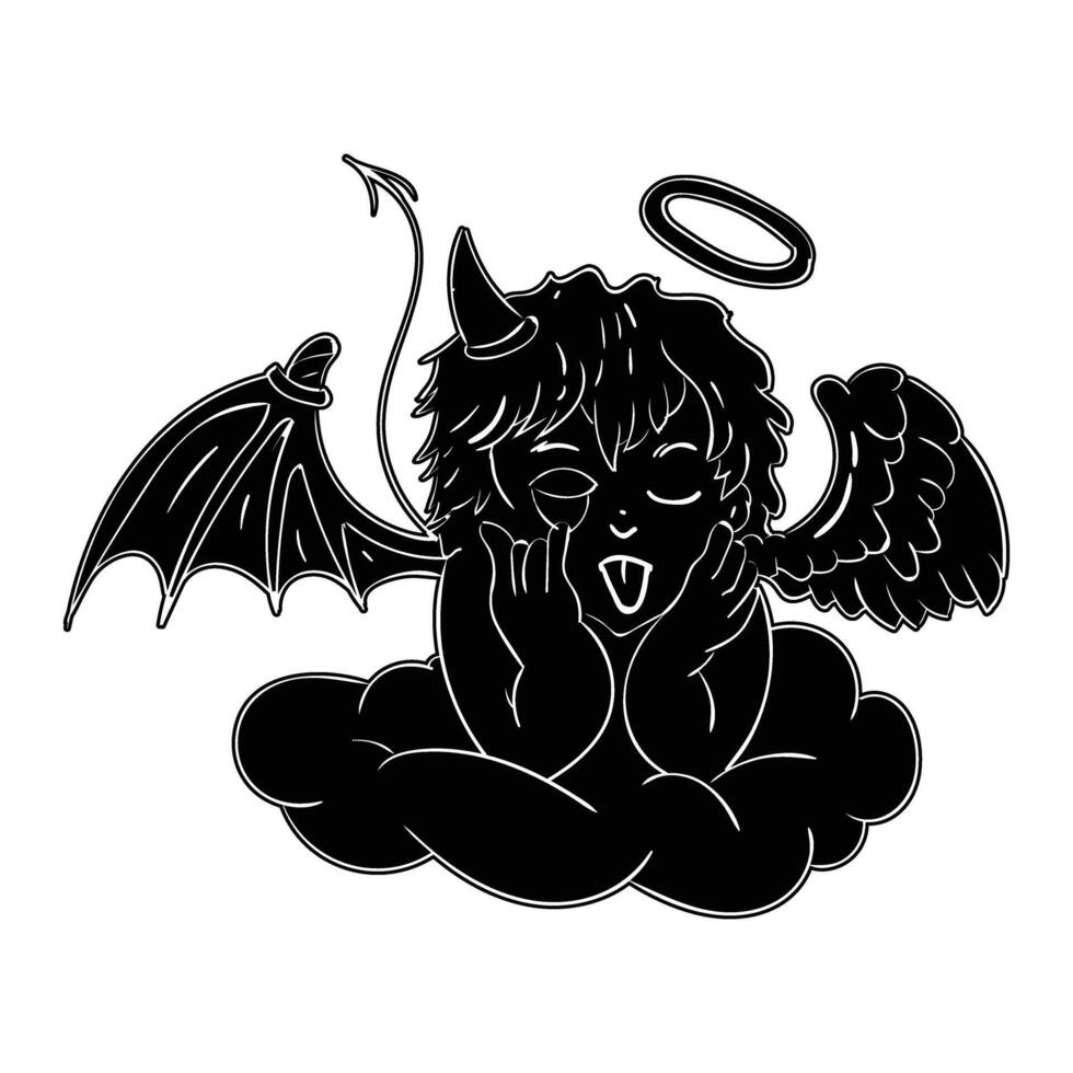 a black and white drawing of a devil with wings and halo vector