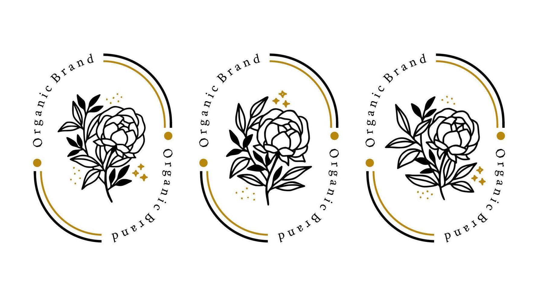 Feminine logo design templates in trendy linear minimal style. Peony, rose flowers and botanical leaf branch. Emblem, symbols and icons for cosmetics, jewellery, beauty and handmade products vector