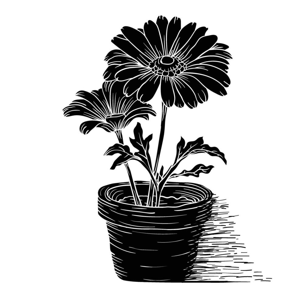 a black and white drawing of a flower pot with two flowers vector