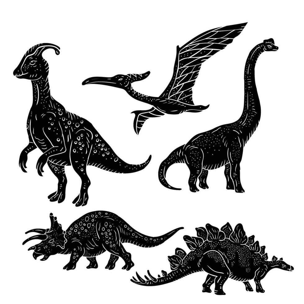 a set of dinosaurs in black and white vector