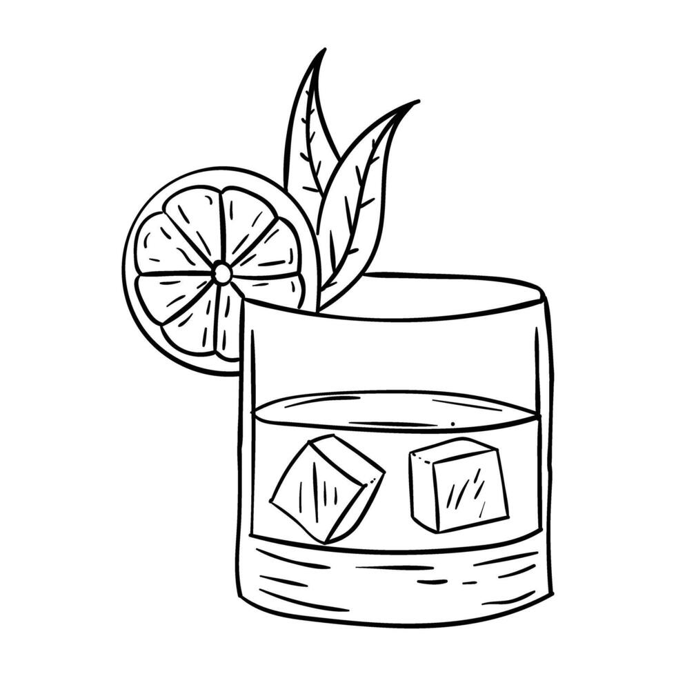 a drawing of a cocktail with a lemon slice and ice cubes vector