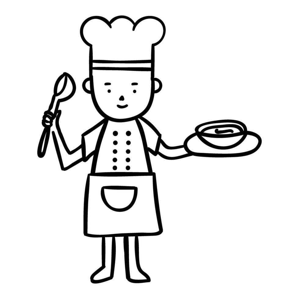 a chef holding a bowl and spoon in hand vector
