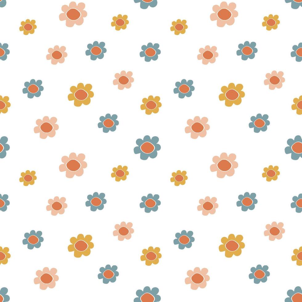 Modern abstract flowers seamless pattern. Blue, yellow and terracotta boho floral illustration. vector