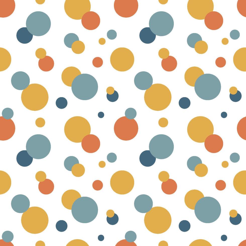 Colorful circles seamless pattern isolated on white background. Blue, yellow and terracotta minimalist shapes illustration. vector