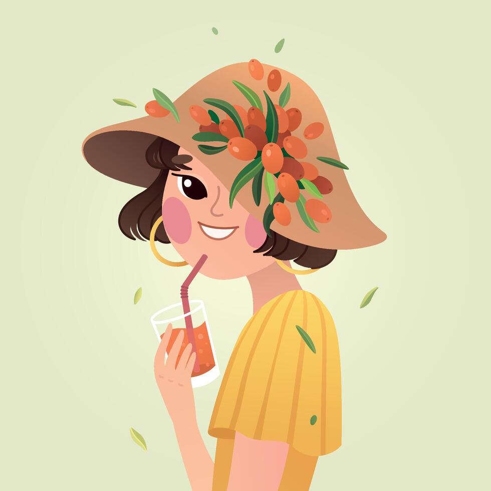 Girl with sea buckthorn lemonade vector