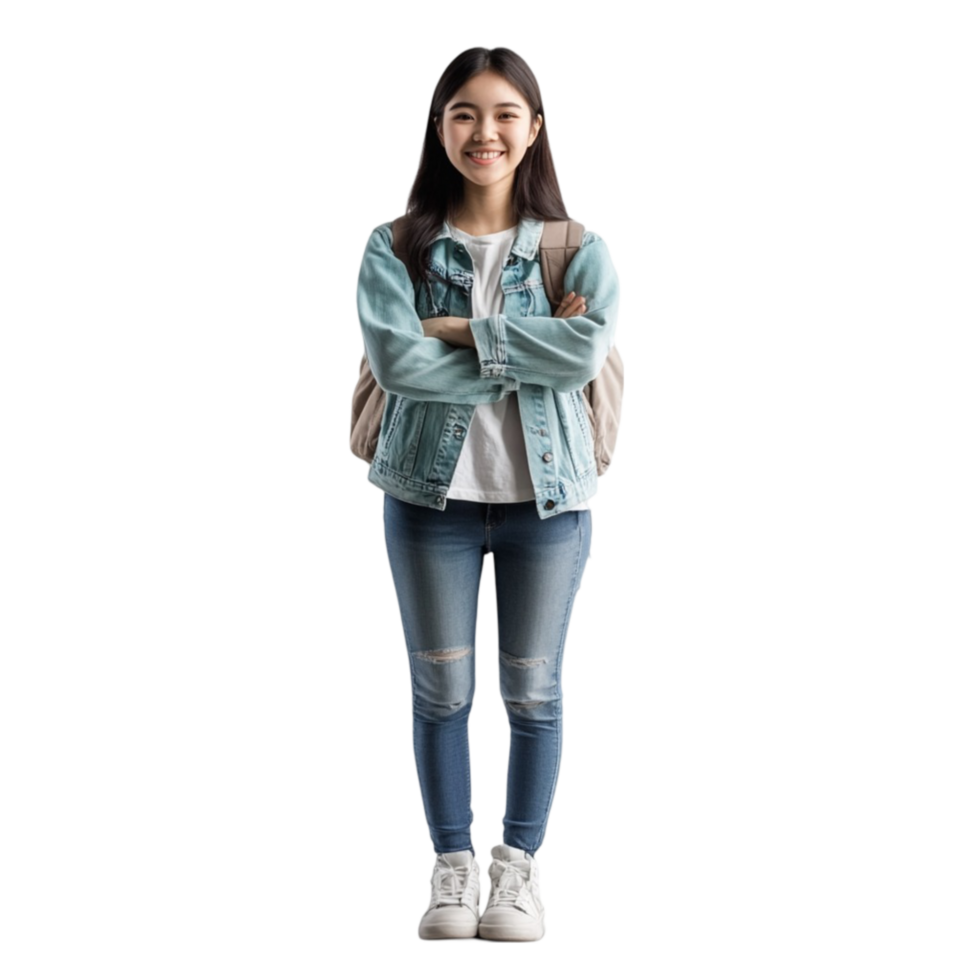 A girl in jeans and a blue jacket standing with her arms crossed png