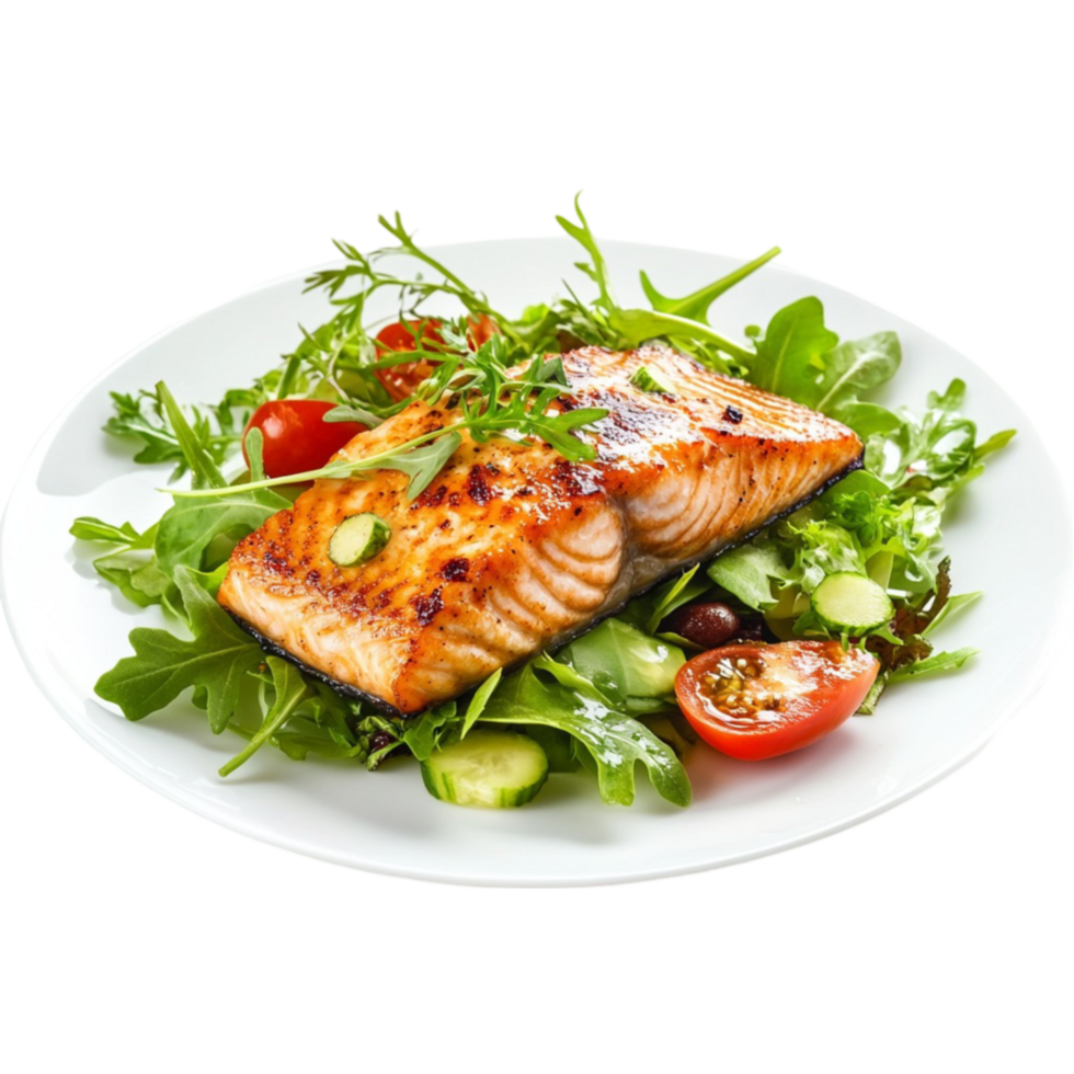 Salmon with salad on a plate png