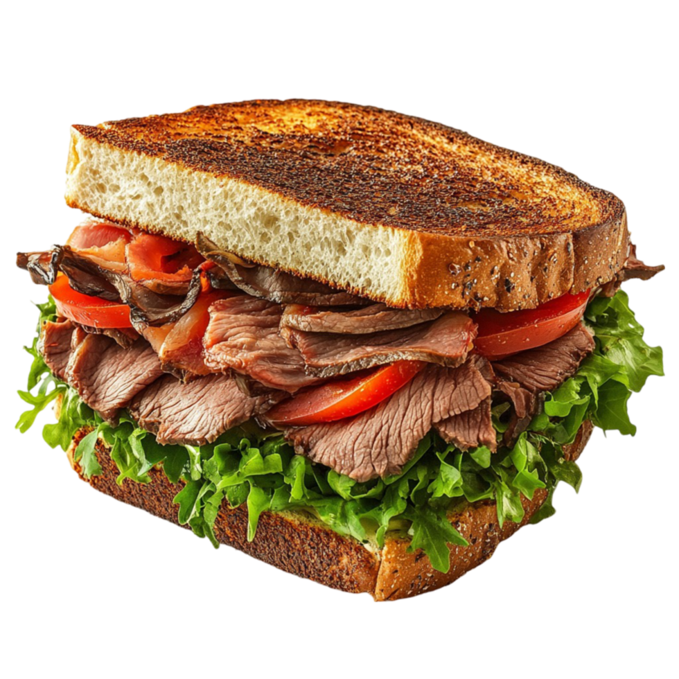 A grilled steak sandwich with lettuce and tomatoes png