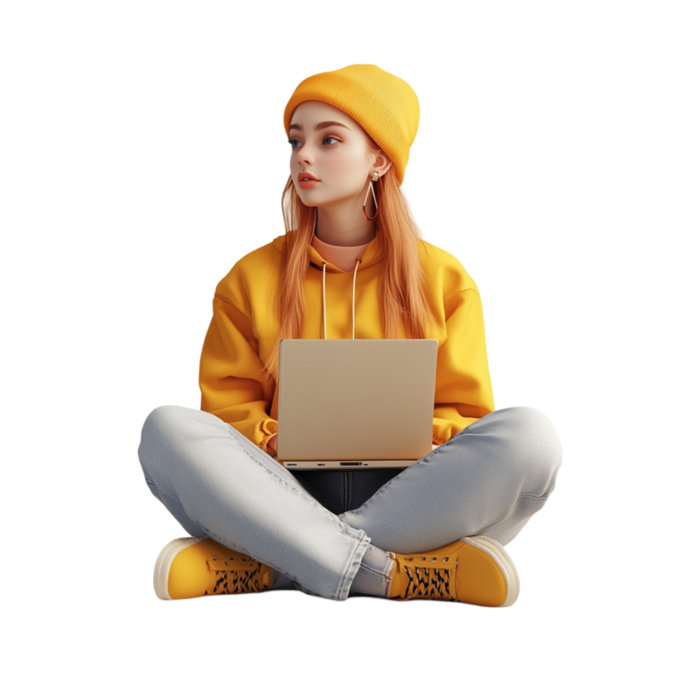 A woman sitting on the floor with a laptop png