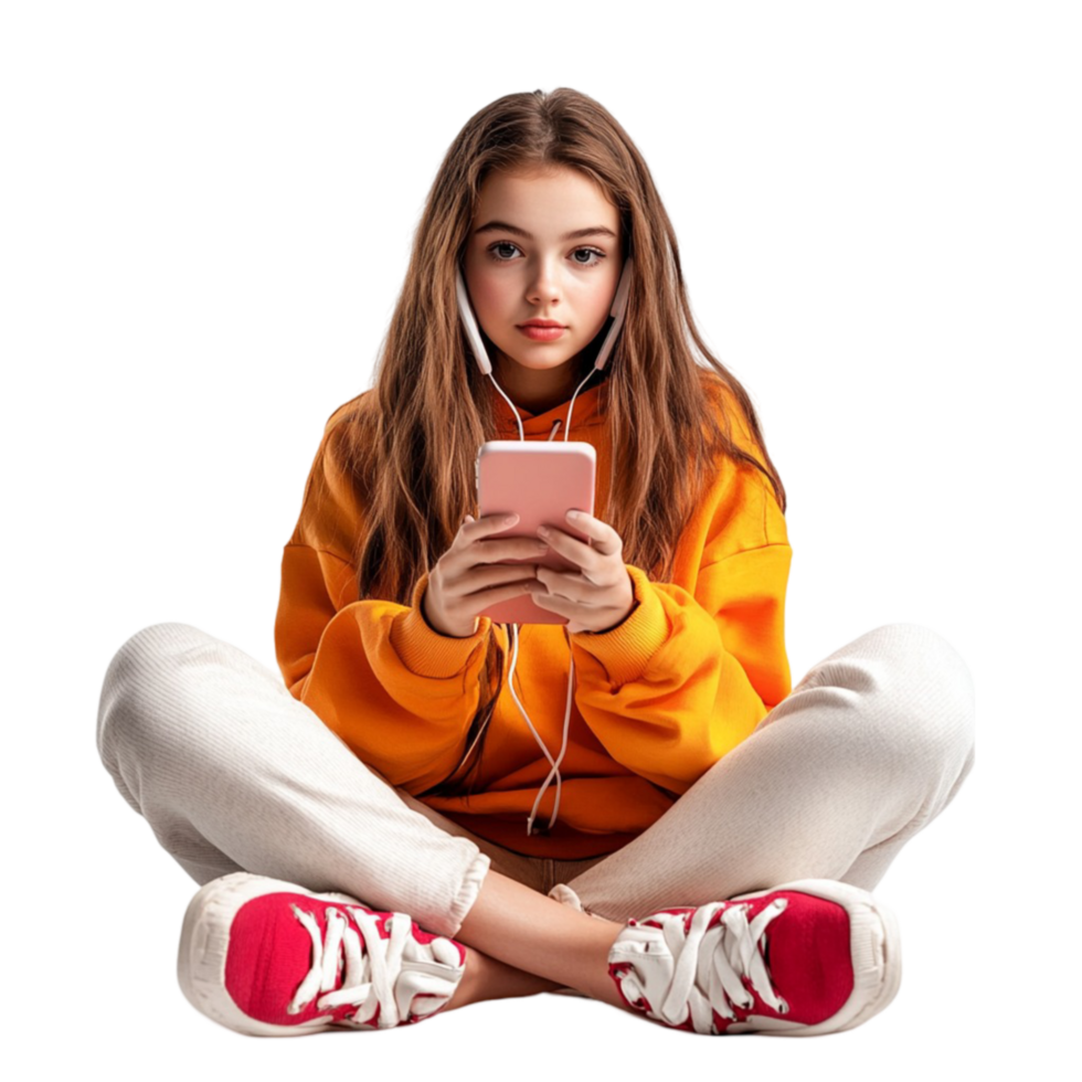 A girl sitting on the floor with headphones and a cell phone png