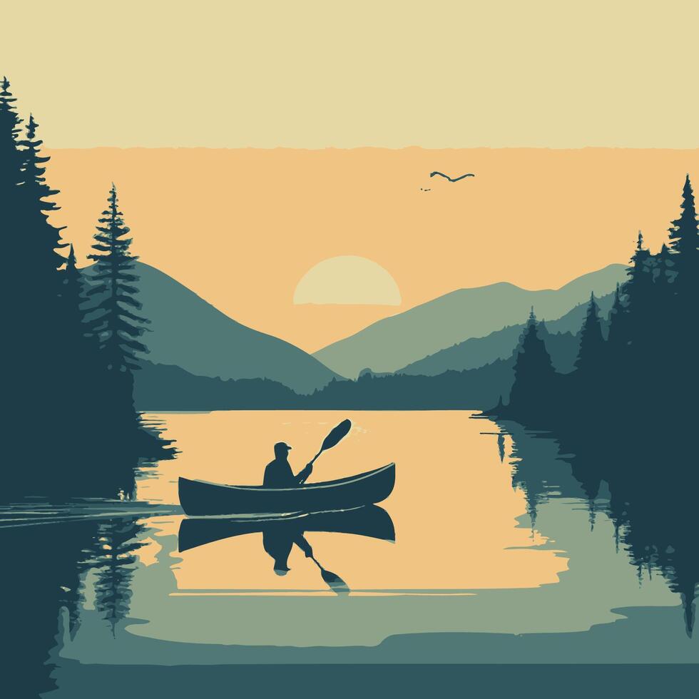 Quiet Lake Canoeing Illustration vector
