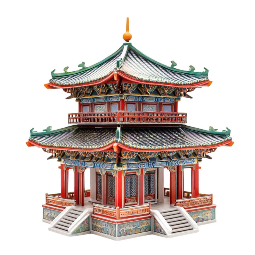 A model of a chinese pagoda with red and green decorations png