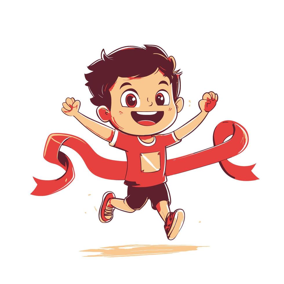 Cheerful Boy Runner Cartoon Doodle Athlete Crossing Finish Line vector