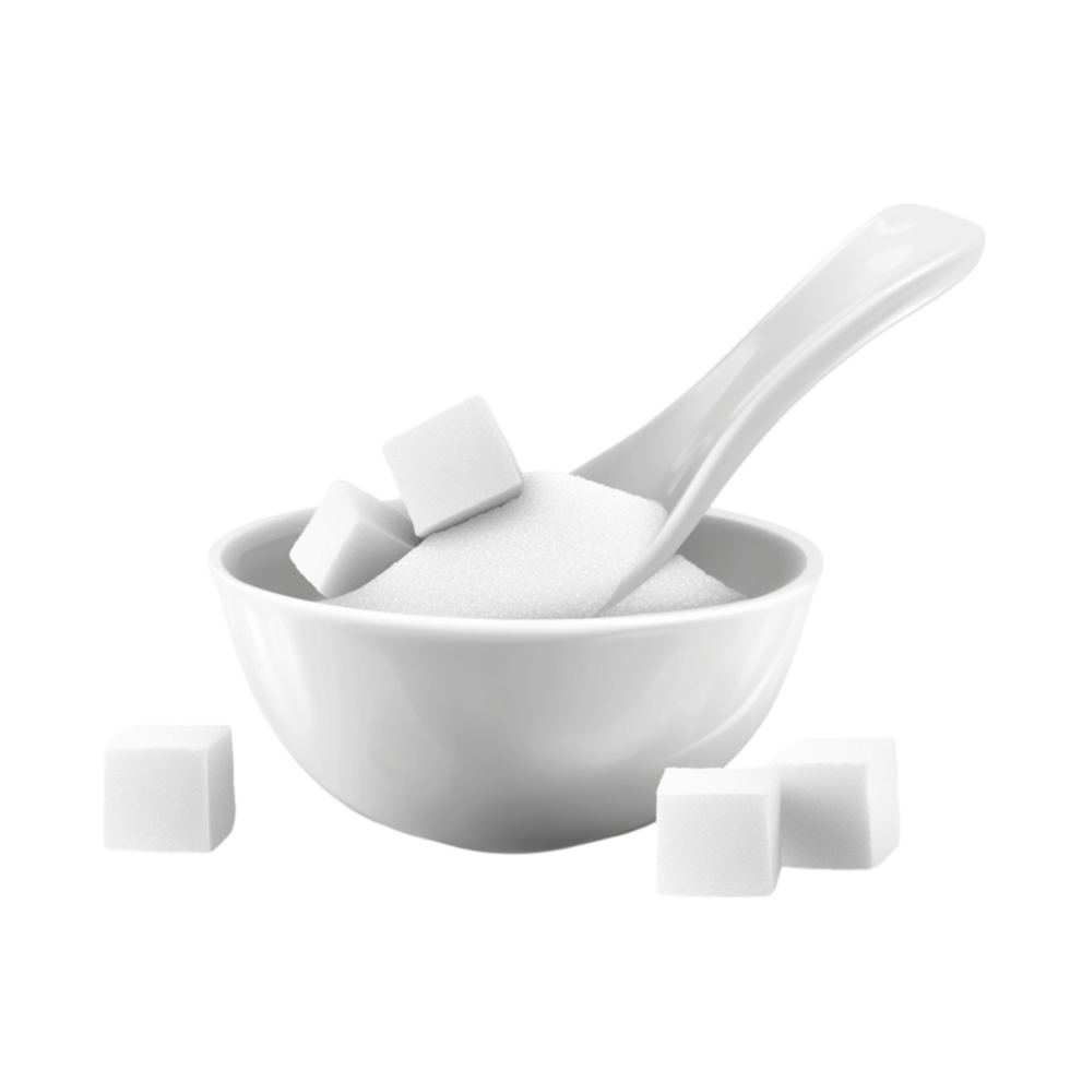 White sugar cubes in a bowl with a spoon png