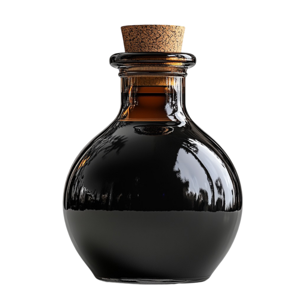 A bottle of black liquid with a cork png