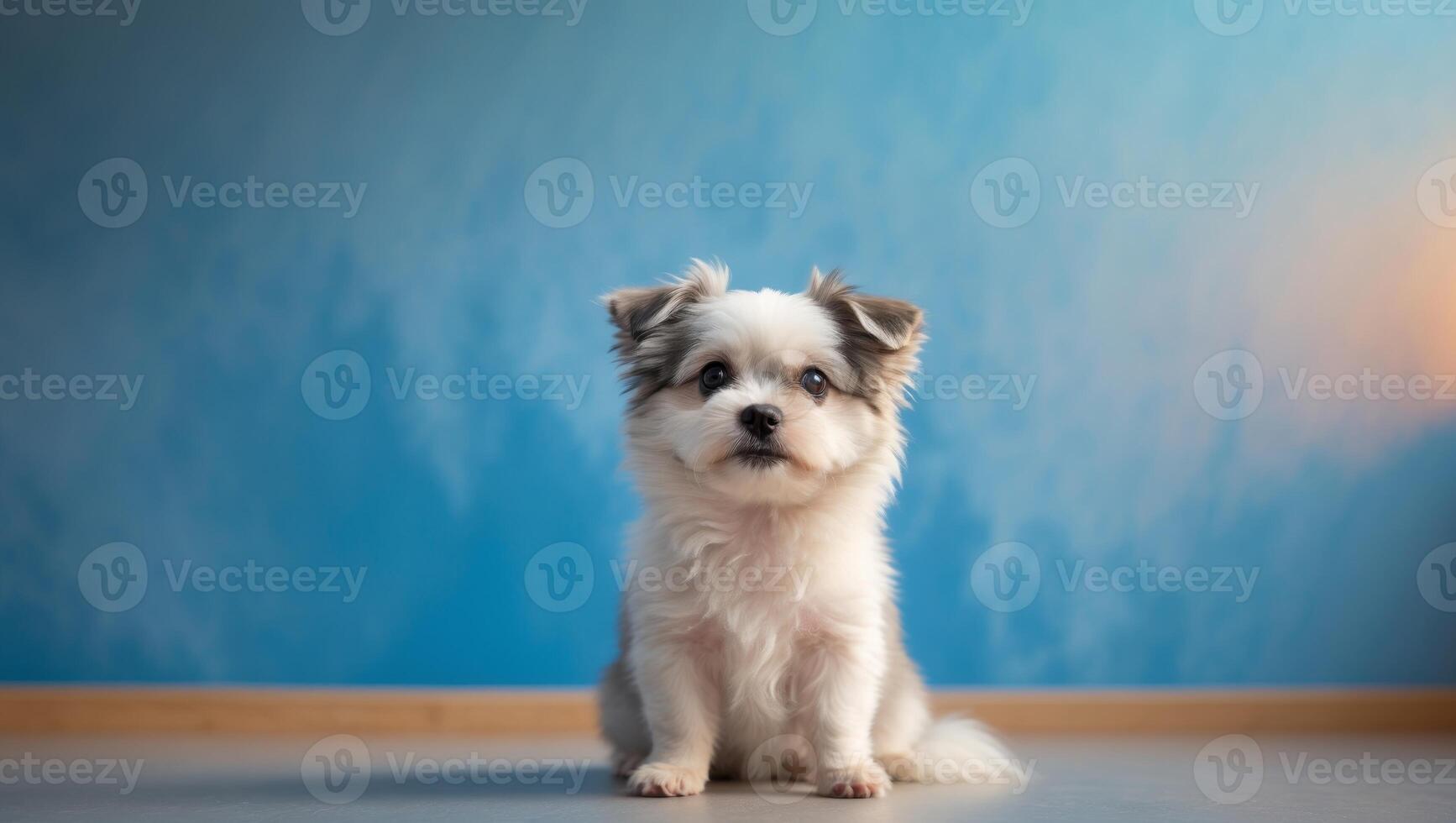 A small white and gray dog sitting in front of a blue wall photo