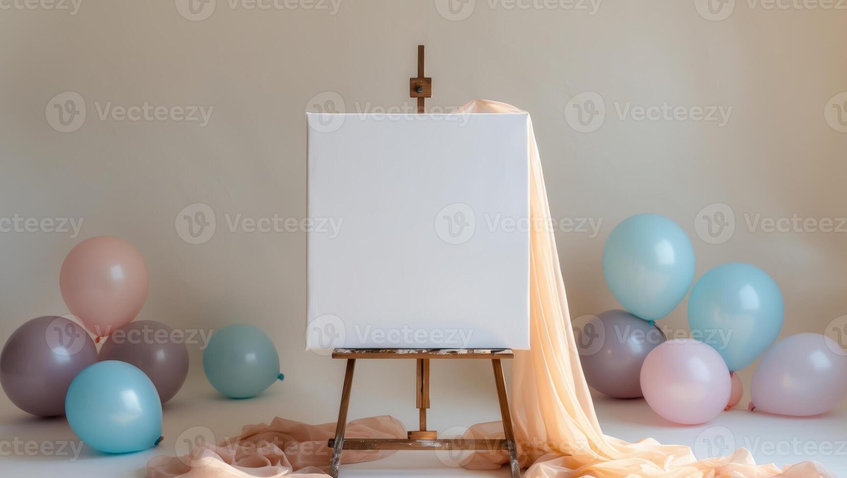 blank canvas on easel surrounded by soft balloons and draped fabric creates serene atmosphere photo