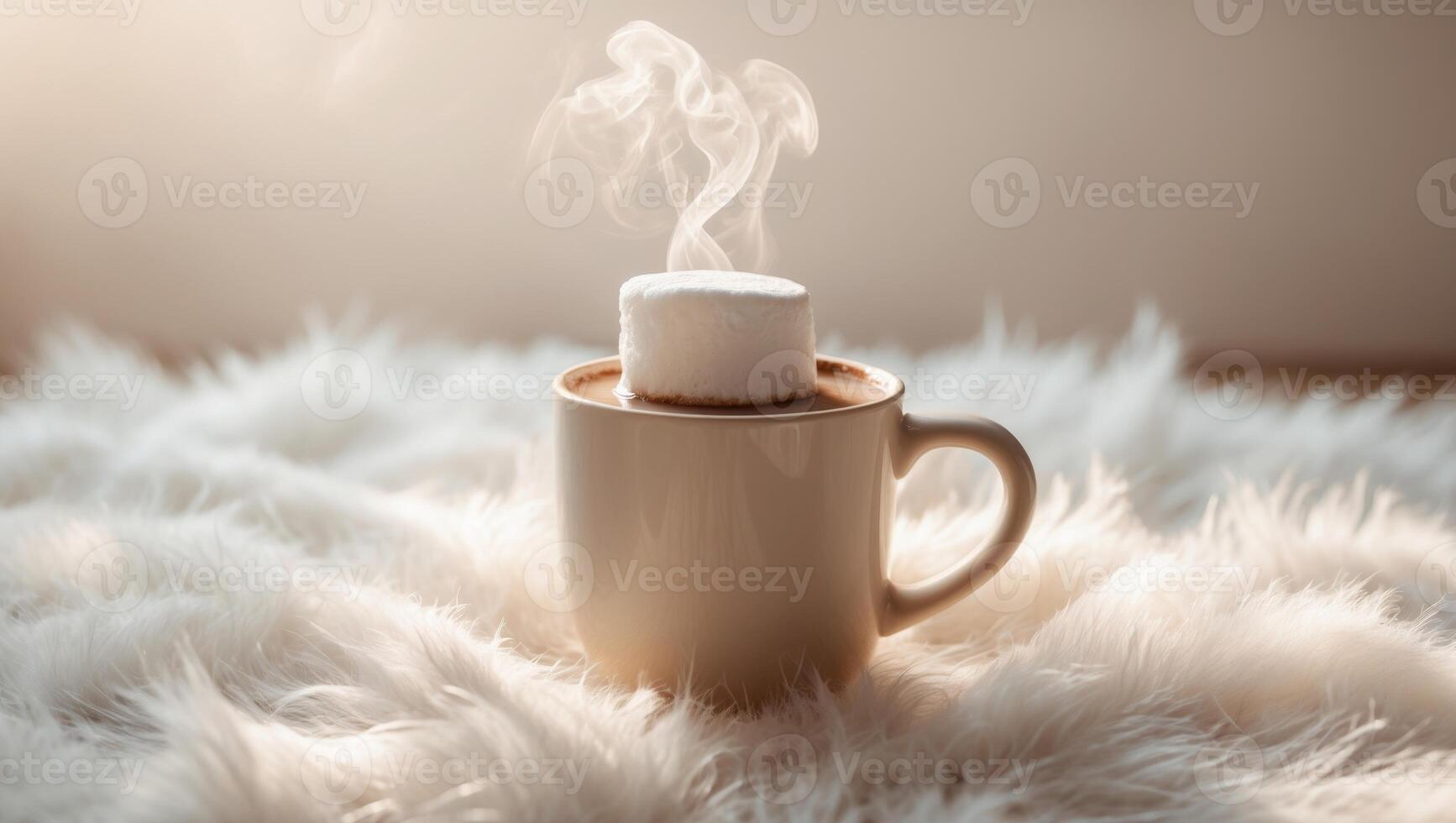 cozy background mug of hot cocoa or hot chocolate with marshmallow on white rug copy space photo