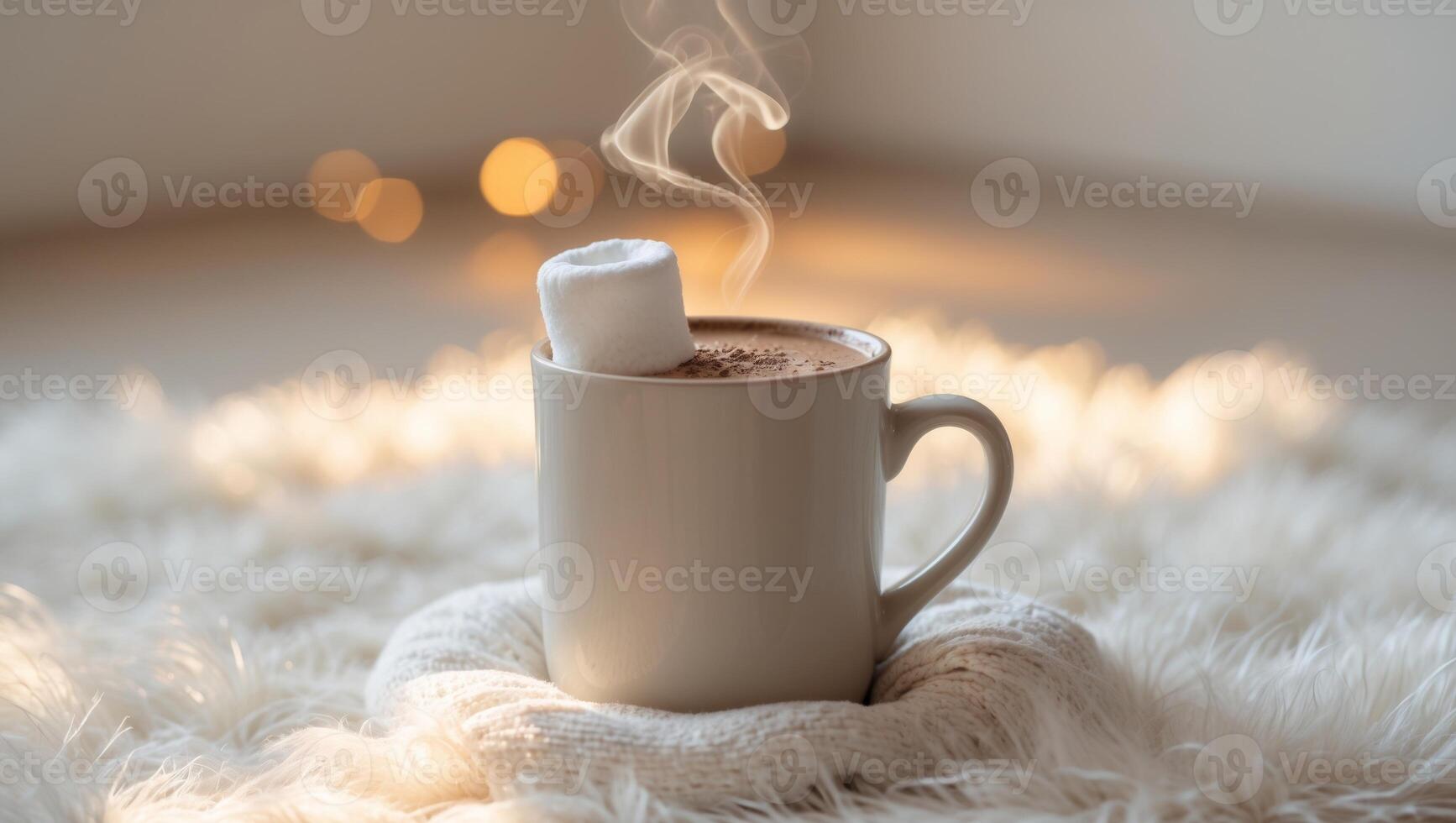 cozy background mug of hot cocoa or hot chocolate with marshmallow on white rug copy space photo