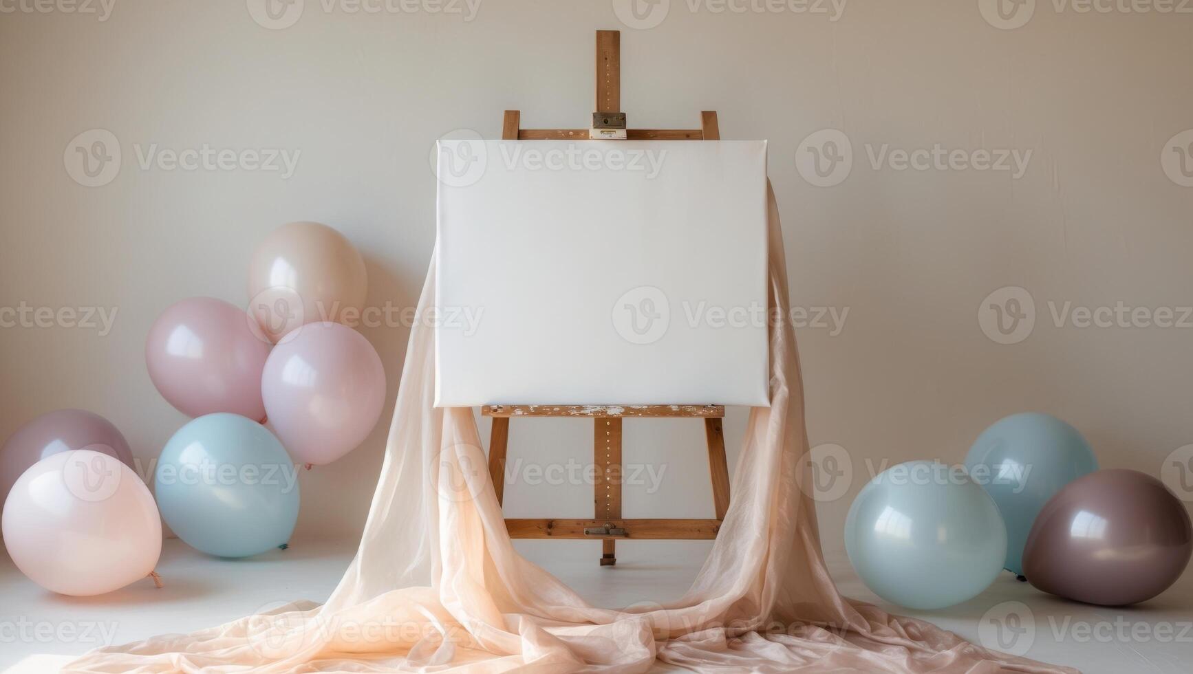 blank canvas on easel surrounded by soft balloons and draped fabric creates serene atmosphere photo