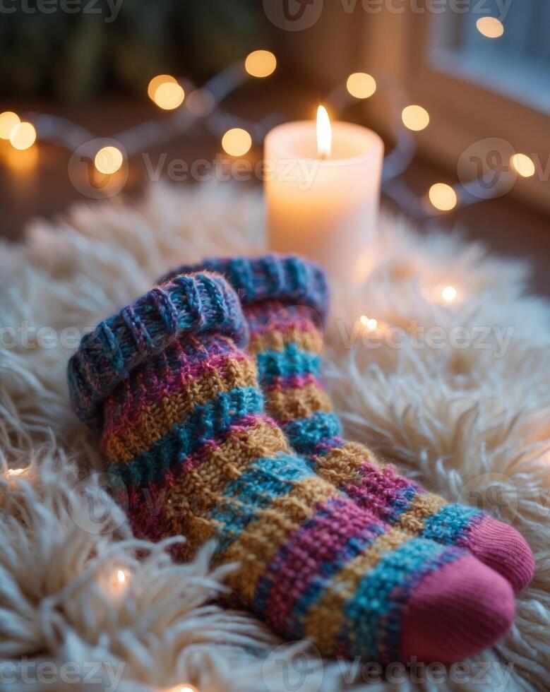 Warm socks on a fluffy rug with a candle and christmas lights photo