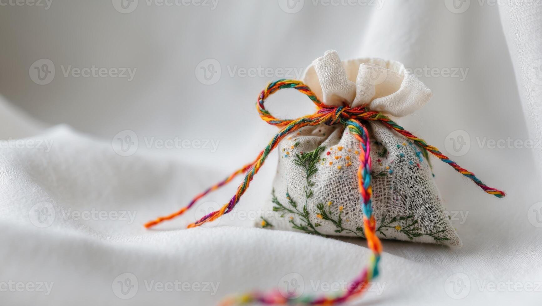 A small bag with colorful thread tied to it photo