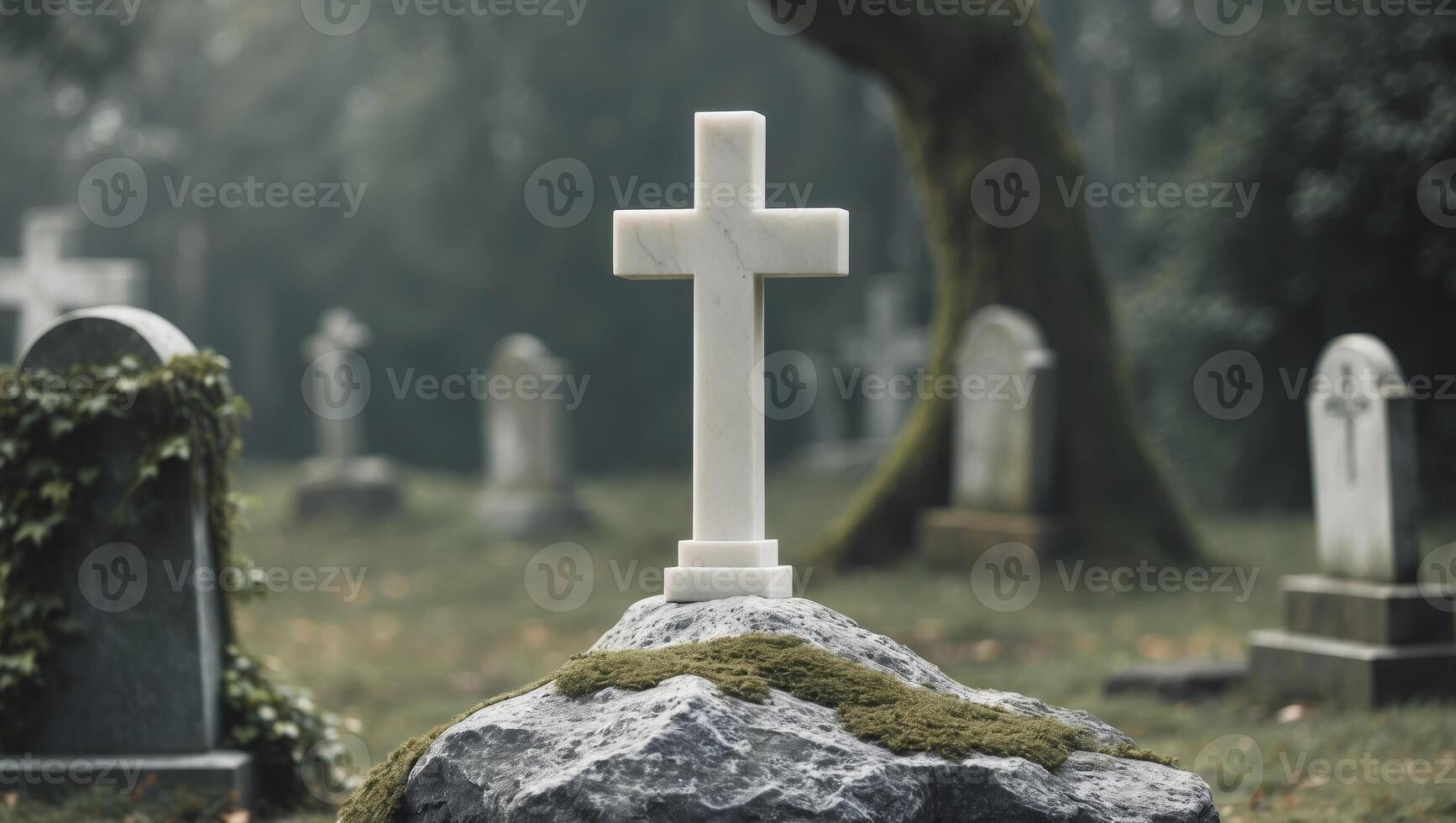 A simple white cross sits atop a weathered rock in a quiet cemetery photo