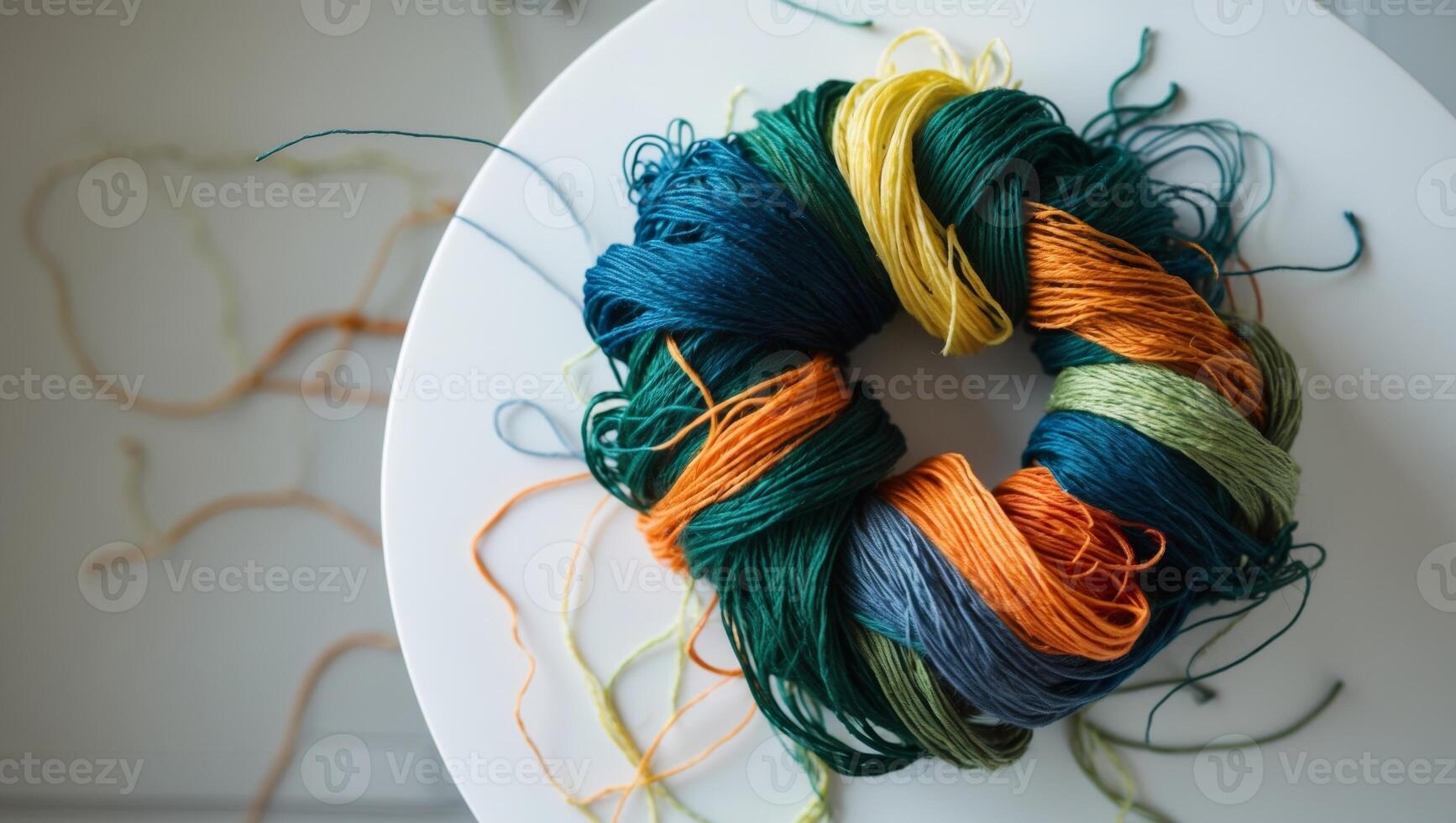 a close up of a bunch of colorful threads on a table photo