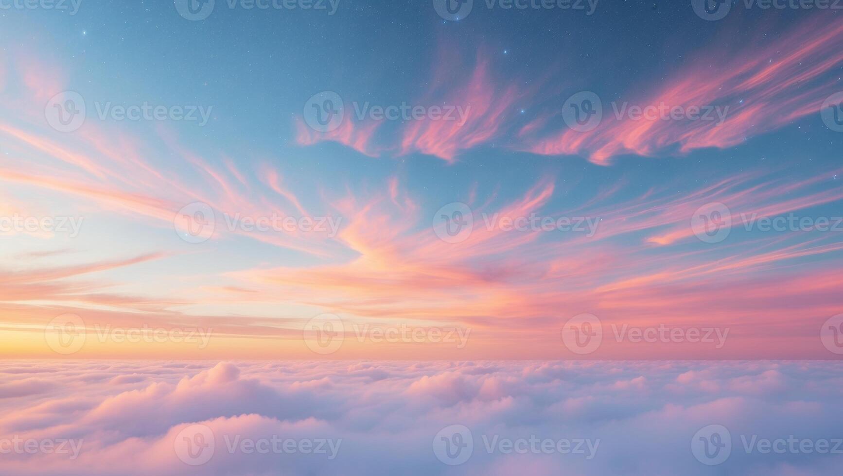 A beautiful sunset over the clouds with pink and blue clouds photo