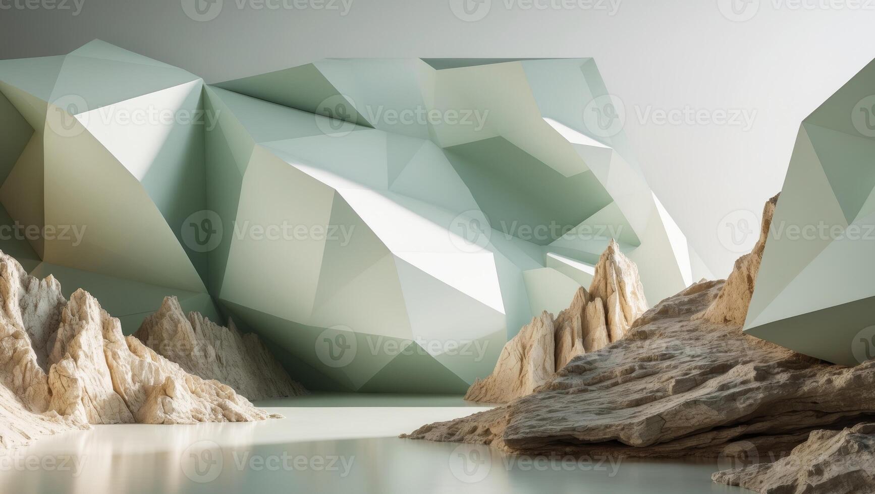 3d rendering of a mountain with water and rocks photo