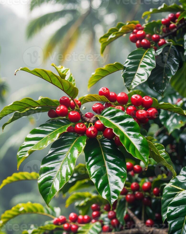 Coffee beans on a coffee tree in the jungle photo