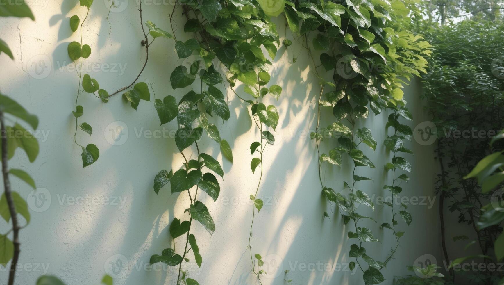 Lush green vines cascading along a white wall in a tranquil garden setting photo