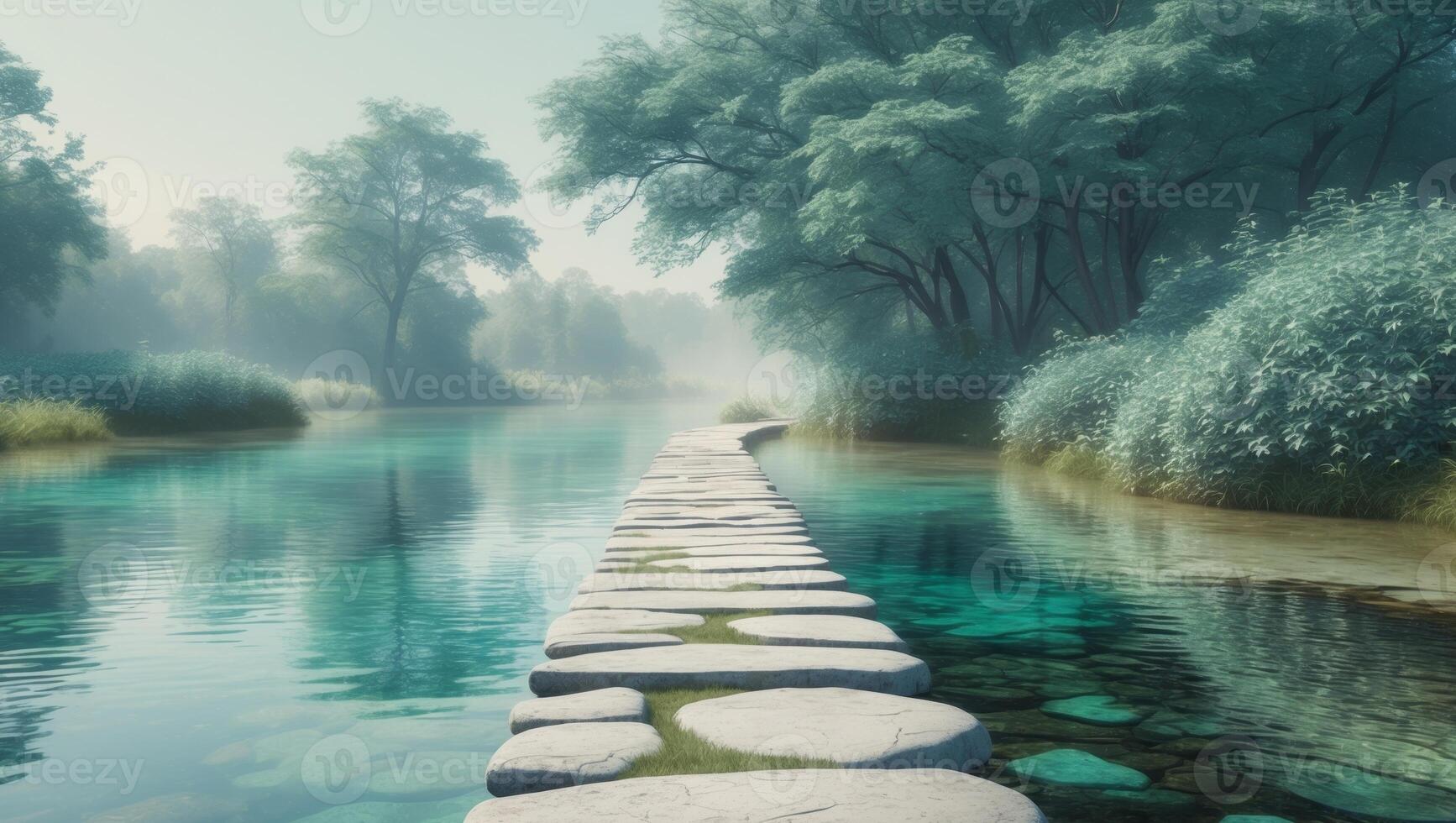 Serene stone pathway across clear waters a tranquil natural landscape experience photo