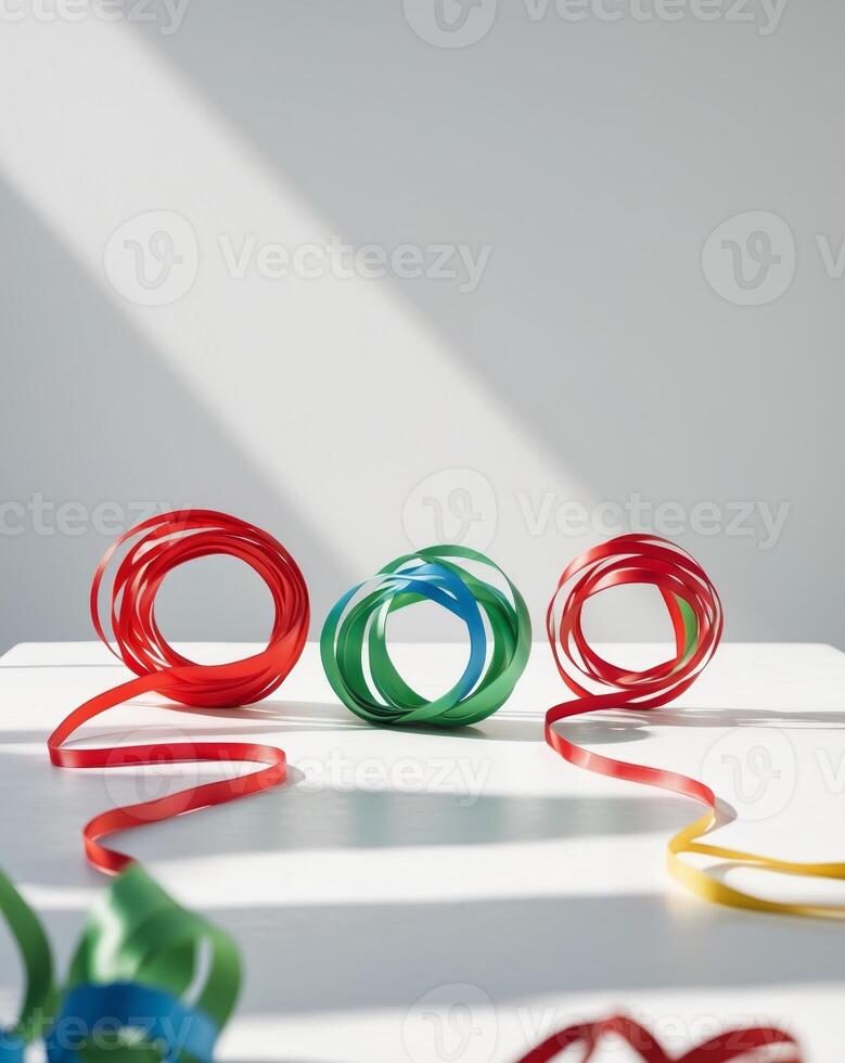 Clear shot of colorful twisted festive ribbons on clean white table photo