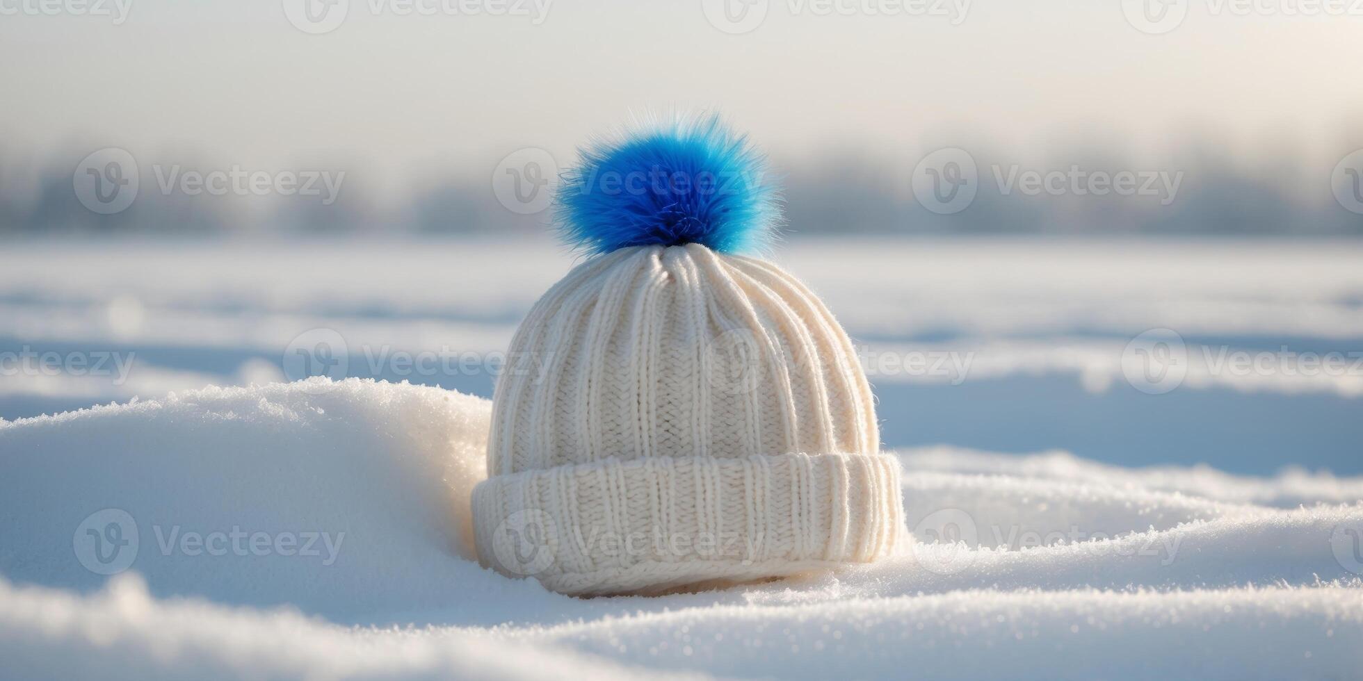 A white hat with a blue pom pom sitting in the snow photo