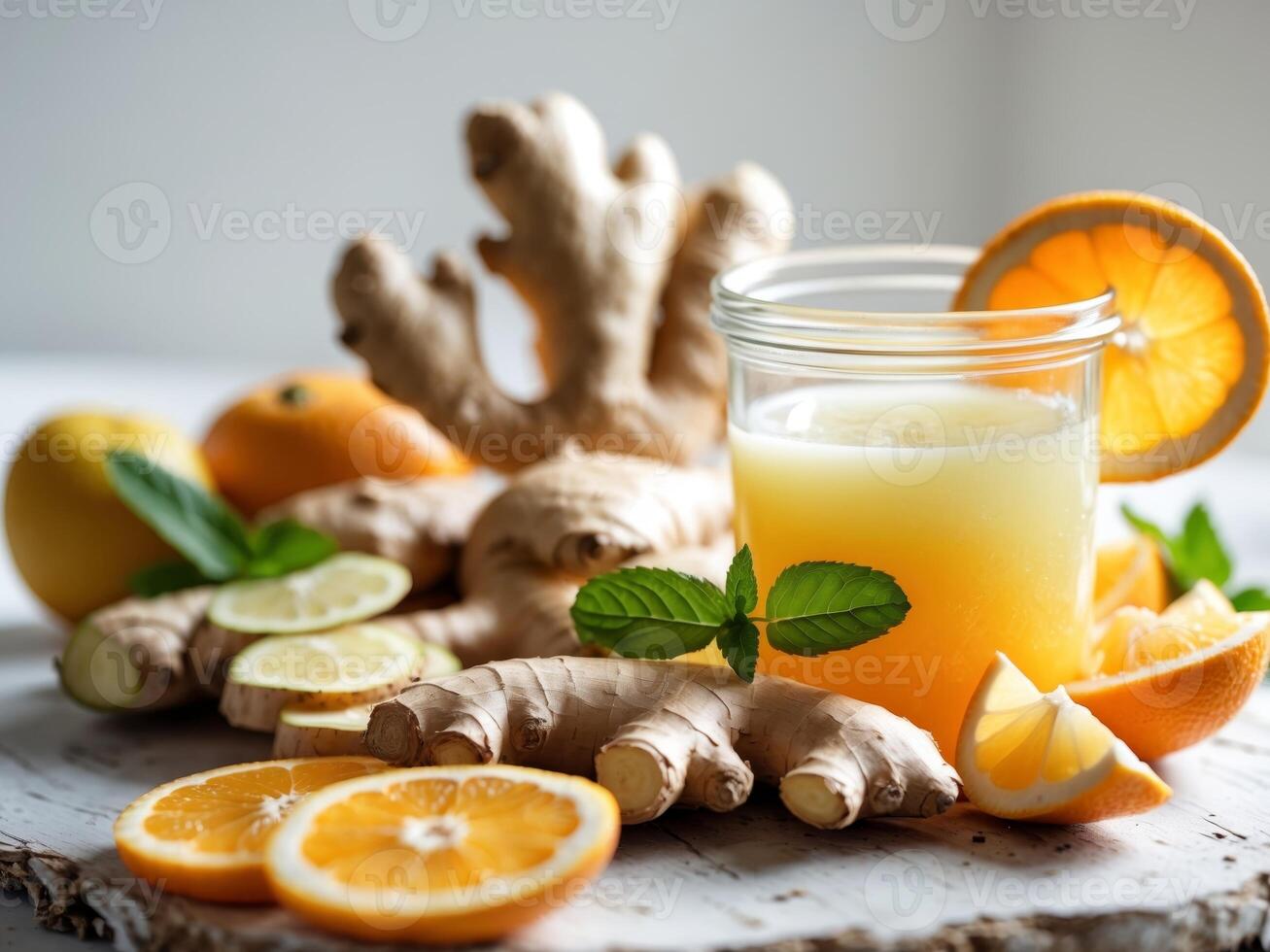 A glass of orange juice with slices of oranges and ginger photo